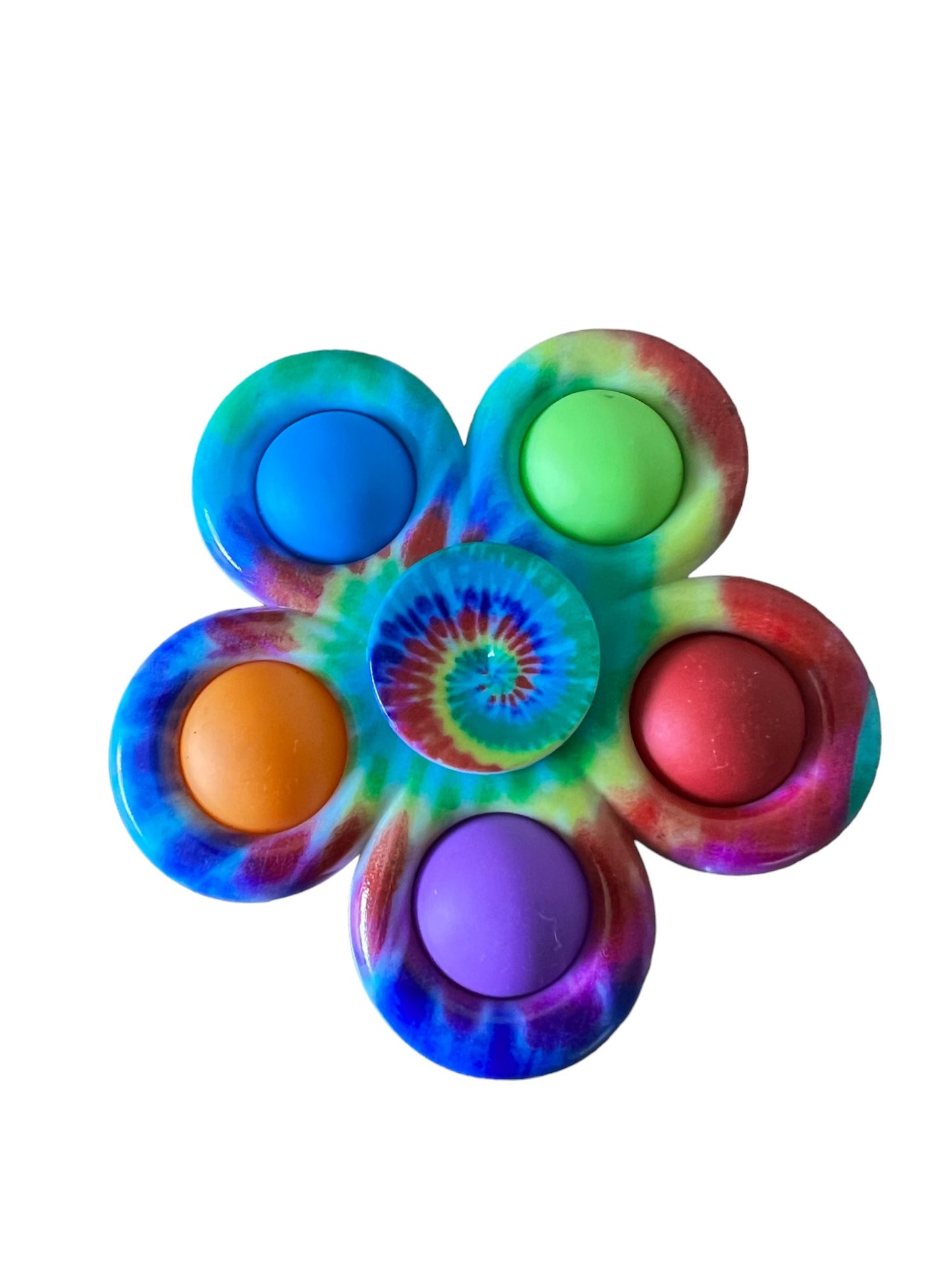 A colorful bubble popping game with fidget toy spinner featuring five buttons, with vibrant blue, orange, purple, red, and green colors.