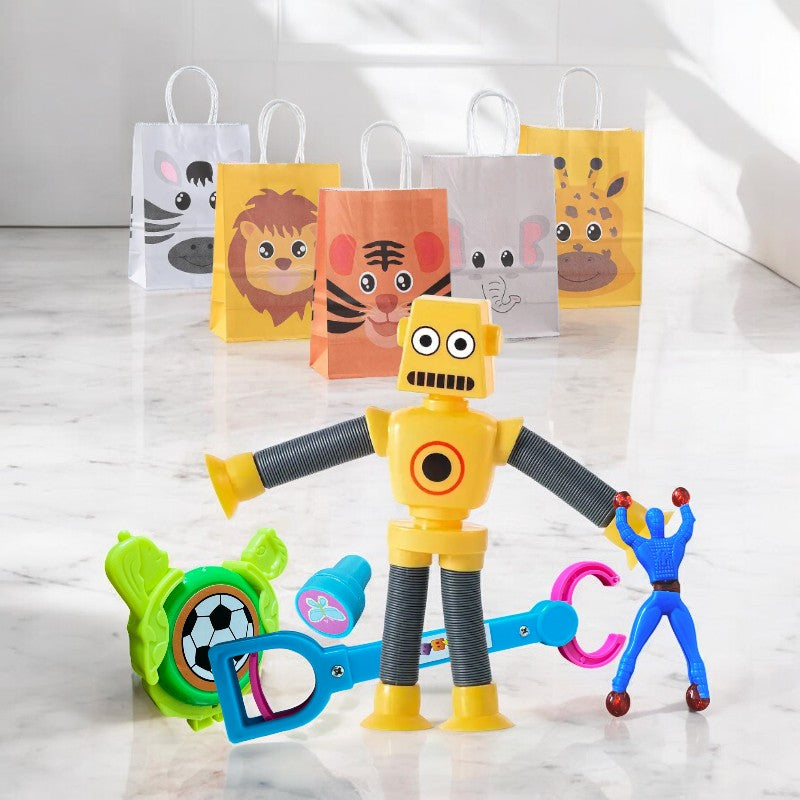 Pre Filled Loot Bag for Kids - Stretchy robot, grabber, shooter, sticky spiderman and stamp (5 items included)