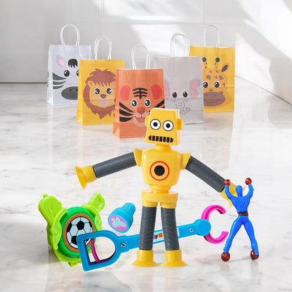 A set of colorful party favor bags for kids, each featuring a different character: a stretchy robot, a grabber, a sticky Spiderman, a stamp, and a shooter, displayed on a marble surface.